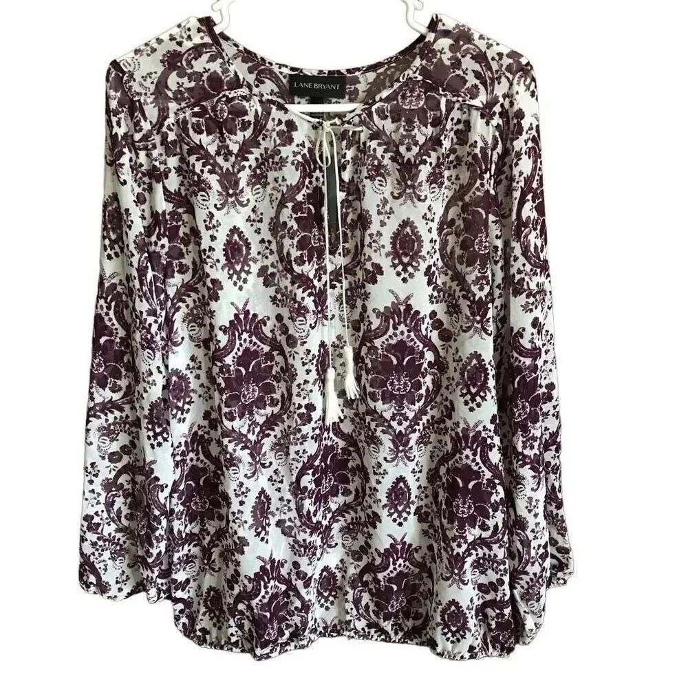 Lane Bryant Sz 14/16 Purple Blouse top shirt ties at neck New w/tags semi sheer